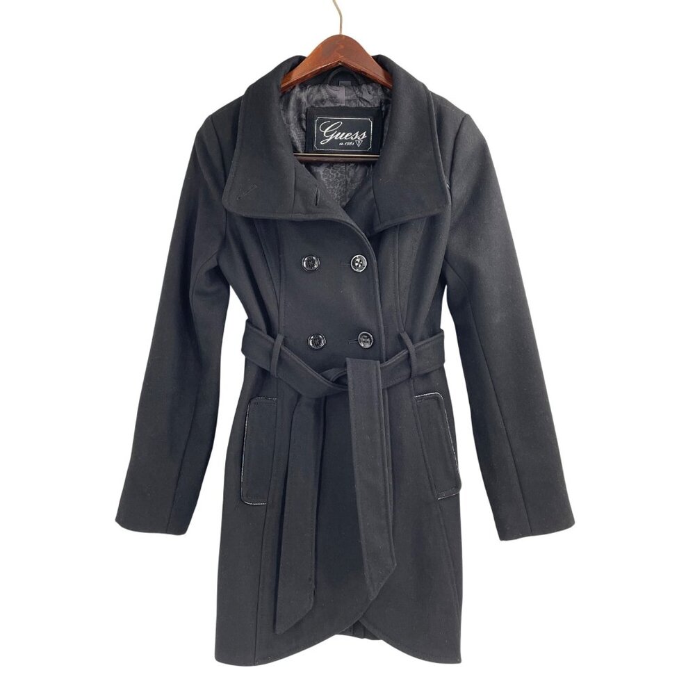 Guess Womens Size M Black Wool Blend Double-Breasted Coat Tie Waist Chic Classic